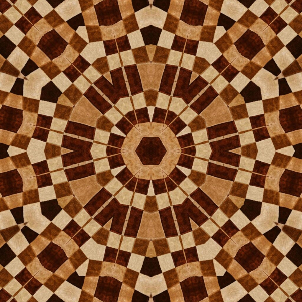 Symmetrical geometric pattern with earthy brown tones, creating a visual mosaic art piece.